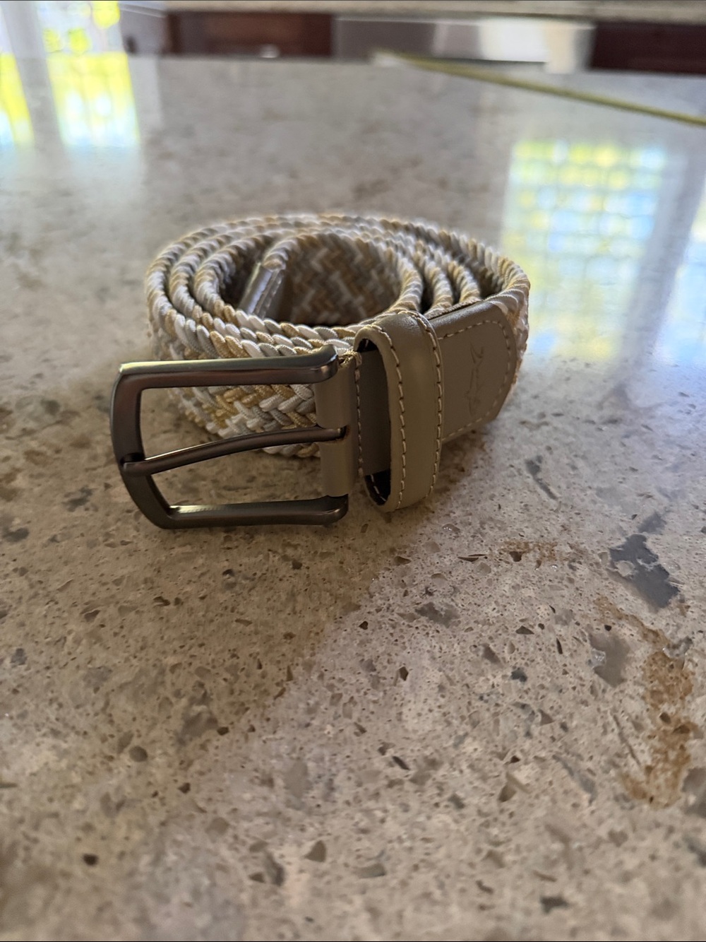 SHARK Braided Elastic Belt in Beige and White with Metal Buckle